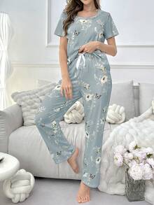 SHEIN 花卉蝴蝶印花上衣和裤子女士睡衣套装 - 藍色 - 查看 3
