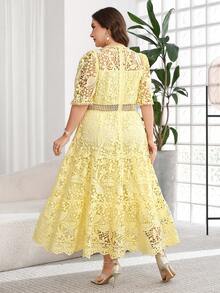 tido blanco de talla grande, vestido elegante para té, vestidos de verano de talla grande, vestidos curvy de talla grande, vestidos para bodas y eventos, vestido de malla, vestido para salir - Amarillo - Ver 3