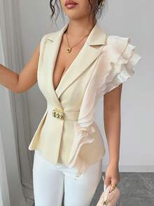 SHEIN Elenzya Áo blazer nữ cổ chữ V sâu, ve áo xếp nếp, kiểu dáng thường ngày, đa năng, thích hợp đi làm. - Màu be - Xem 3