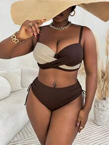 Slaydiva Plus Size Women 2pcs/Set Random Print Underwire Bikini Swimwear, Casual Holiday Outfit - Coffee Brown - View 4