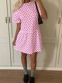 Vestido de verano para mujer, holgado, a rayas, con cuello de muñeca, informal, de manga corta, con lunares y de malla. - Rosa - Ver 4