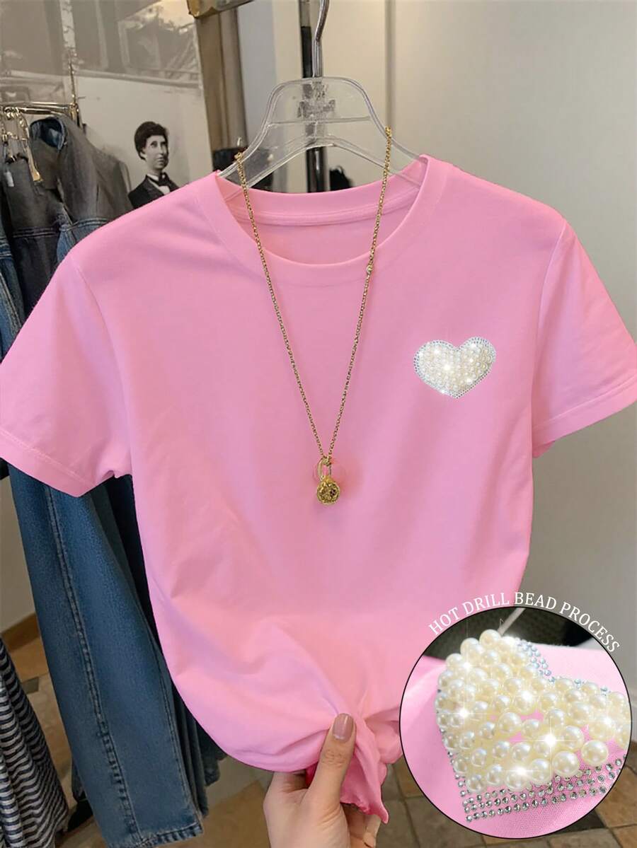 Resyla Women's Short Sleeve Round Neck T-Shirt With Shiny Heart Rhinestone And Beaded Embellishment - Pink - View 1