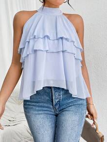 Firerie Loose Neck Ruffle Asymmetrical Chiffon Blouse,Summer Top - Baby Blue - View 6