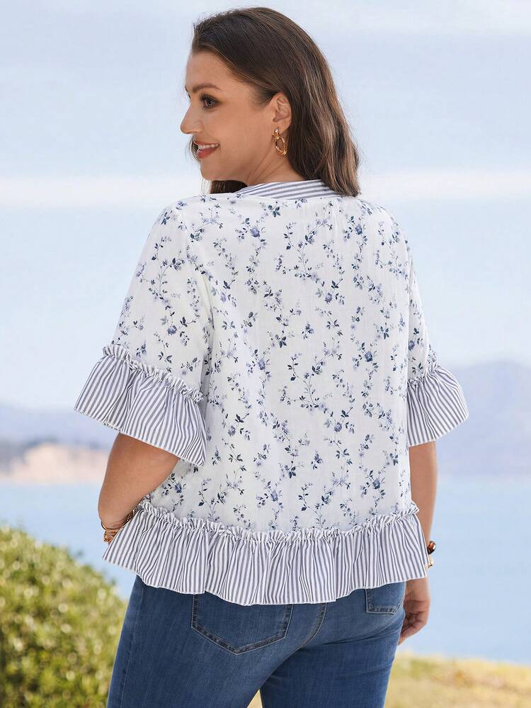 Plus Size Women's Floral V-Neck Short Sleeve Casual Shirt