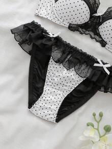 DelicateAllure Polka Dot Mesh Patchwork Lace Lingerie Set - White - View 6
