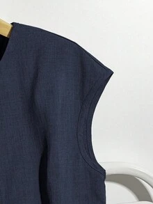 Qadelle 女士休闲通勤纯色裹身衬衫，夏季 - 藏蓝色 - 查看 4