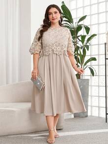SHEIN Clasi Plus Size Women Solid Color Pleated Casual Party Dress - Khaki - View 7