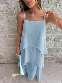 Aloruh Gaun Liburan Elegan dengan Hem Berlapis dan Tali Bahu Tipis - Baby Blue - View 4