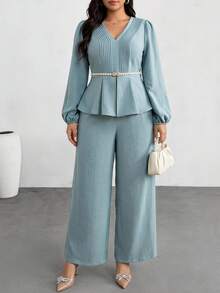 Modelyn Conjunto informal de 2 piezas de talla grande para mujer con blusa de manga farol plisada de cuello en V y pantalones de pierna ancha - Verde - Ver 5