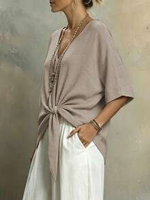 Louniche Women's Casual Linen-Like Solid Color V-Neck Twist Knot Blouse, Spring/Summer - Khaki - View 7