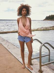 Aralina Áo thun Jersey nhuộm màu loang kiểu yếm bất đối xứng, áo hai dây dáng suông, áo tunic đi nghỉ mát, trang phục mùa xuân hè màu cam với chi tiết đính hạt. - Hồng - Xem 7
