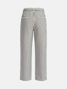 lacRébo Pantalones de pierna ancha de talle alto a rayas en blanco y negro con cinturón y hebilla de tela propia, estilo francés primavera verano, estilo parisino, atuendo de trabajo de oficina elegante - Multicolor - Ver 7