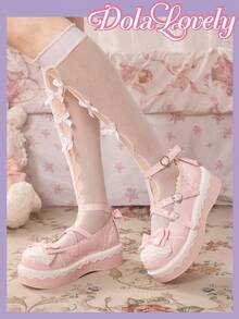 Dola Lovely Giày nữ, kiểu Mary Jane màu hồng với nơ 3D trang trí và khóa kim loại, thích hợp cho phong cách Lolita, dự tiệc sinh nhật hoặc JK Wear. - Nơ bướm màu hồng - Xem 3