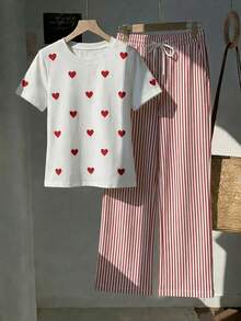 SHEIN EZwear 两件套：刺绣圆领短袖上衣和条纹印花长裤，休闲款 - 彩色 - 查看 3