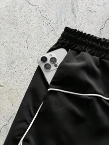 EVRINFINITE 男士休闲星月印花撞色滚边抽绳腰短裤，时尚街头风，适合日常通勤，夏季街头服饰短裤，男士黑白短裤，男士印花短裤，黑色 - 黑色 - 查看 5