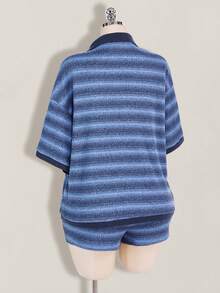 SHEIN ICON 大码女式条纹短袖T恤和短裤休闲套装 - 藍色 - 查看 10