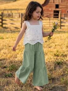 Emery Rose Kids Emery Rose Kids 2件套少女纯色梭织方领荷叶边休闲吊带背心和长裤套装 - 綠色 - 查看 4