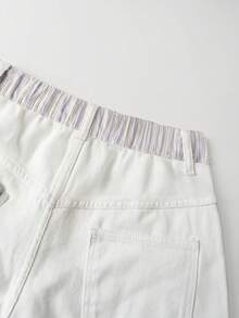 EMERY ROSE Plus Size Women Striped Patchwork Pocket Button Denim Jeans - White - View 5