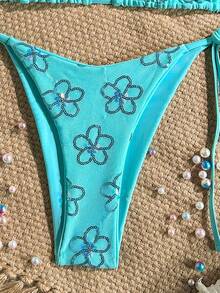SHEIN Swim 两件套彩色亮片特殊面料三角杯文胸和侧系带泳裤性感比基尼套装，春夏款 - 薄荷藍 - 查看 7