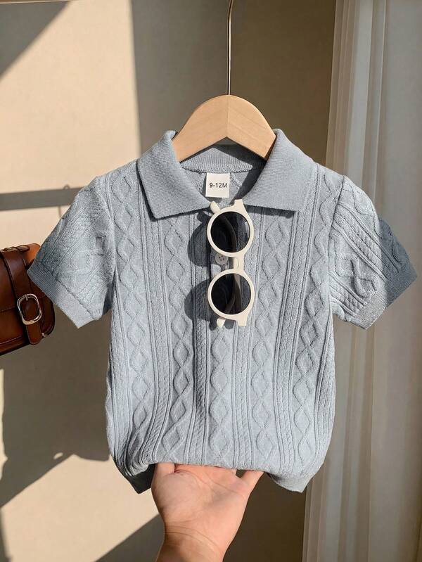 SHEIN Vintaside Kids 1pc Baby Boy Dusty Blue Summer Casual Page Boy Knitted Short Sleeve Polo Shirt Textured Weave Pattern Snap Button Neck Infant Toddler Outfit 6M-3T