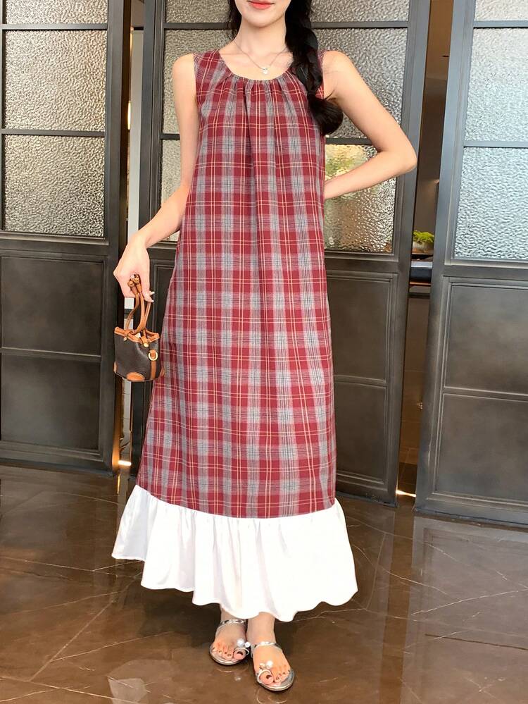 Women's Casual Plaid Patchwork Sleeveless Dress, Summer Sun Dresses For Women