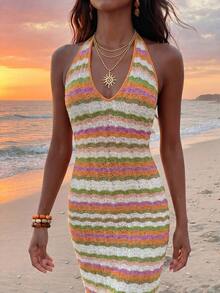 Nevyona Sexy V-Neck Bodycon Dress, Colorful Wavy Knit Tight Fit Dress - Multicolor - View 5