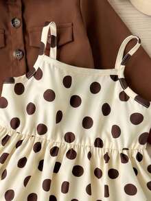 SHEIN LMoss Kids 2件套女婴纯色梭织休闲外套和波点吊带连衣裙套装 - 彩色 - 查看 6