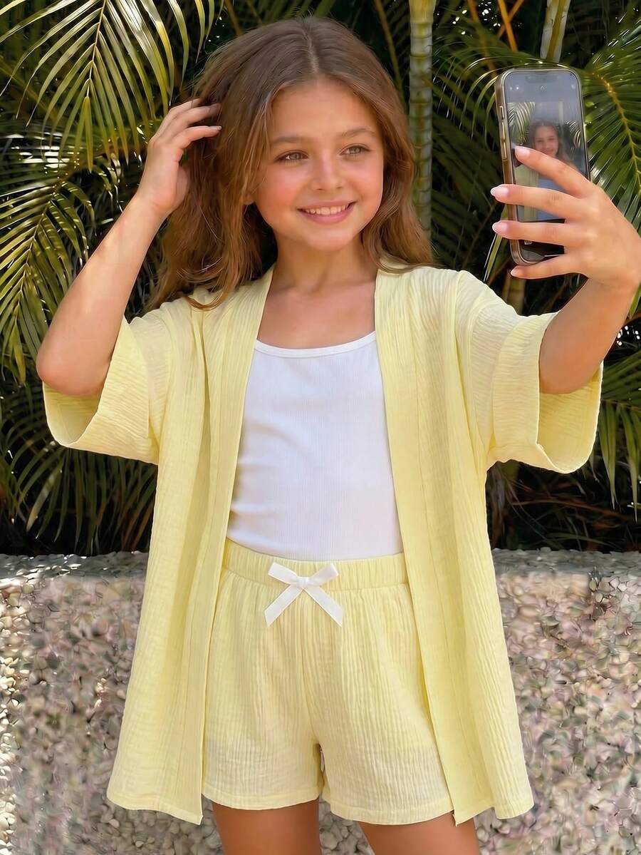 Conjunto de camisa de lino texturizado de estilo casual de vacaciones para niñas preadolescentes - Amarillo - Ver 1