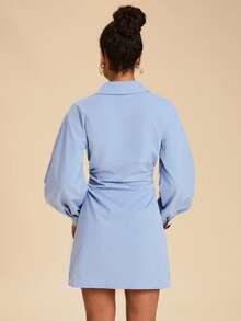 Travachic Women's Solid Color Pleated Single-Breasted Casual Date Party Long Sleeve Mini Dress,Shirt Dress, Work Outfit,Elegant Dresses For Women,Summer Dress - Blue - View 2