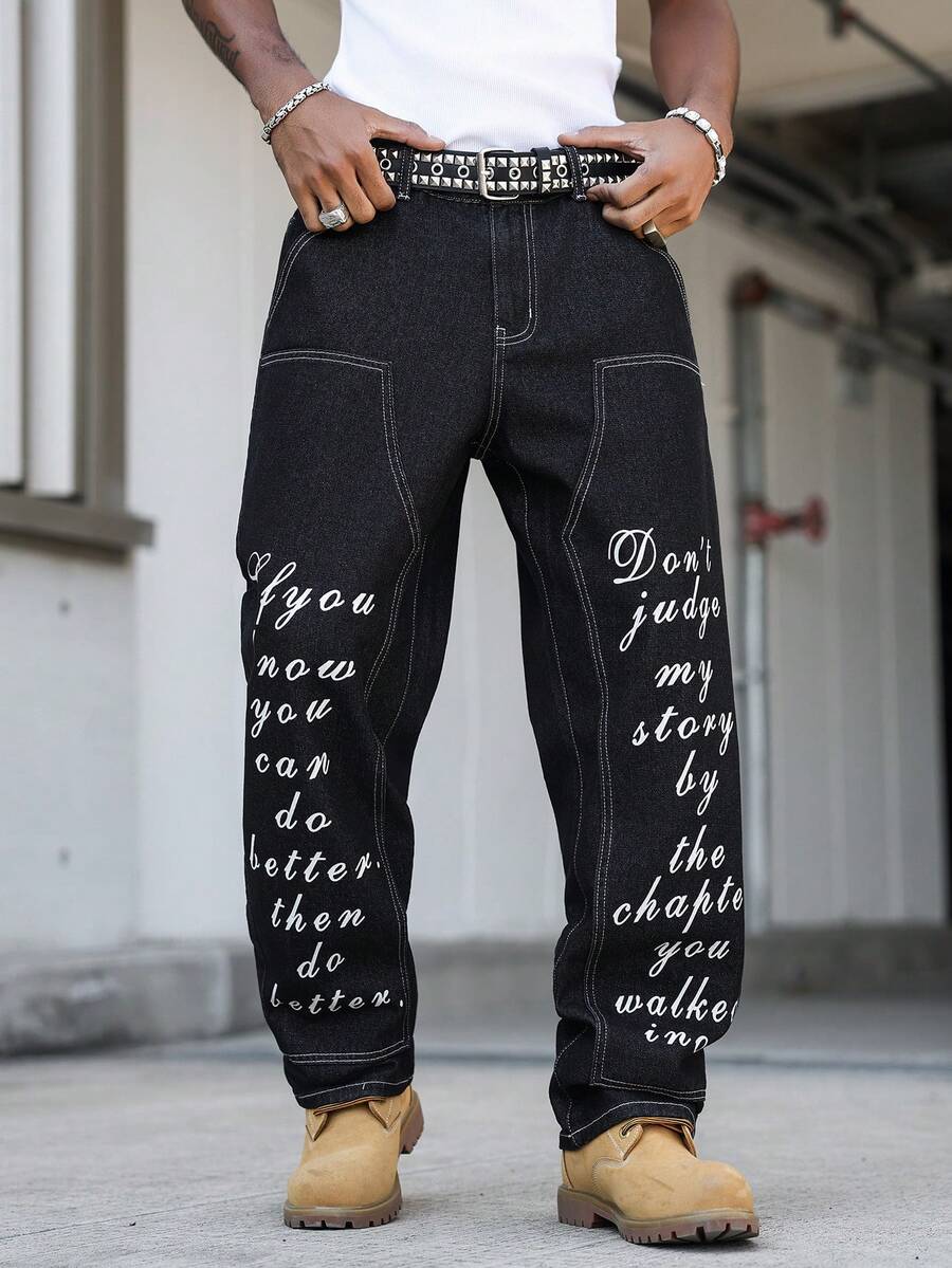Manfinity EMRG Jeans rectos con estampado de eslogan para hombres - Negro - Ver 1