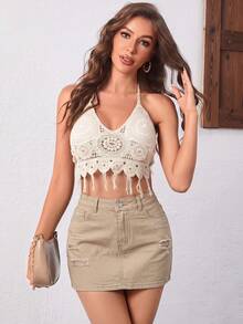 Minifalda de mezclilla lavada y rasgada de verano casual para mujer - Caqui - Ver 5
