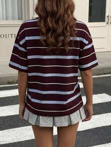 Tween Girl Retro Striped Knight Graphic Contrast Color Casual Short Sleeve T-Shirt, Comfortable And For Summer - Multicolor - View 2
