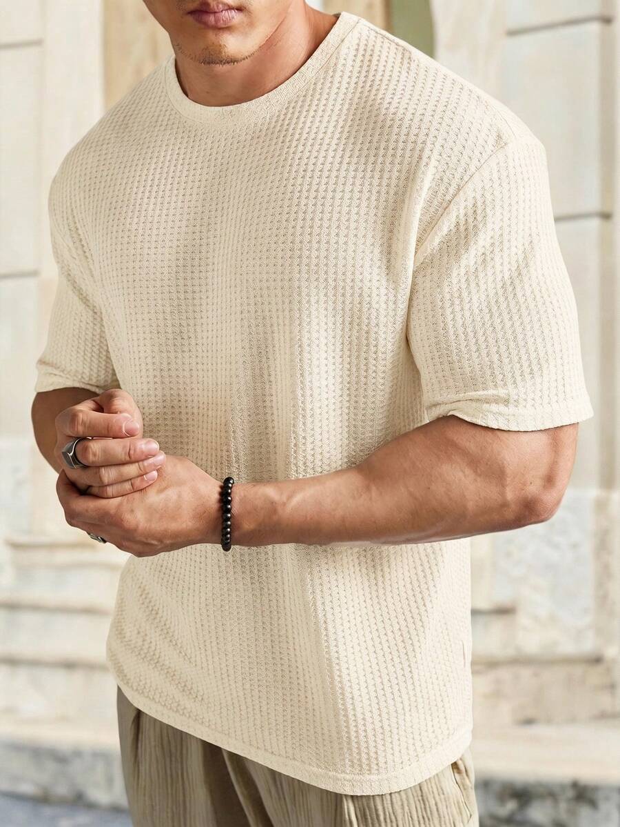 EASEVO Plus Size Men's Casual Waffle Knit Round Neck Short Sleeve T-Shirt - Beige - View 1