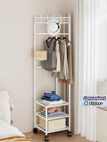 1pc White/Black Metal Corner Shelf With Hooks - Fashionable 3-Tier Storage Rack, Suitable For Bedroom And Living Room, Painted Finish, Unique Design, Great For Storing Coats, Hats And Accessories, Also Serves As Room Decor - Multicolor - View 1