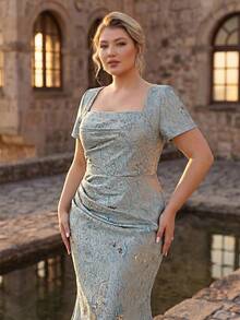 Serin Đầm dáng ôm, sang trọng, màu đen jacquard satin, cổ vuông, tay ngắn, xếp ly, chân váy đuôi cá, thích hợp cho tiệc tối, dạ hội, đám cưới, kỳ nghỉ, mẹ cô dâu, khách mời. - màu đen - Xem 6