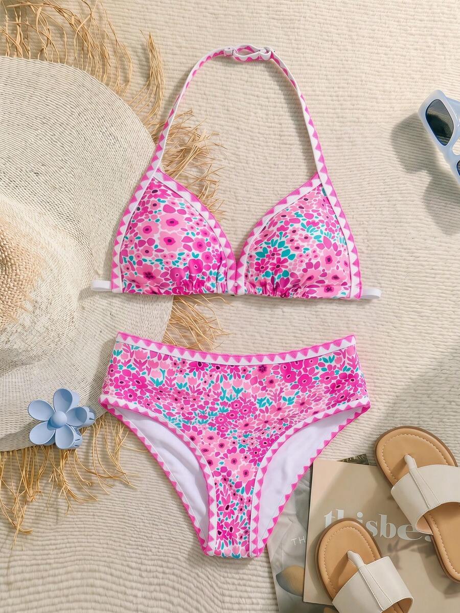 SHEIN Set Baju Renang Bikini Halter Motif Bunga Kecil Warna-warni untuk Anak Perempuan Remaja, Liburan Musim Panas, Liburan Pantai - MultiWarna - View 1