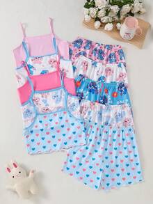 Elladie kids 【随机2套，共5套】女童甜美可爱优雅休闲舒适柔软亲肤春夏针织面料多色卡通兔子、爱心、花卉印花、涂鸦无袖吊带背心和短裤睡衣四件套 - 彩色 - 查看 2