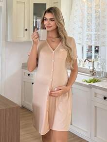Moonlight&Mama Đầm bầu cổ chữ V tay ngắn cài một hàng khuy kiểu dáng thường ngày - Màu be - Xem 6