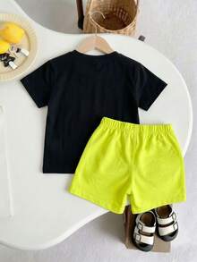 SHEIN Playful Pals Infant Toddler Baby Boy 2-Piece Outfit Classic Palm Tree Print T-Shirt & Lime Green Shorts Set Summer Casual Beach Holiday Clothing For 6M-3T Boys - Multicolor - View 2