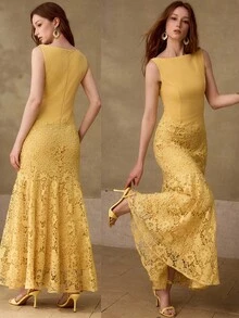 MOTF PREMIUM CONTRAST LACE ZIPPER DRESS - Yellow - View 9