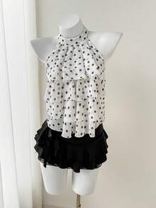 Elamini Women's Polka Dot Ruched Halter Neck Versatile Casual Top - White - View 4