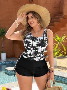 Swim Lushoire White,Summer,Basic,Beach,Holiday,Holiday New Digital Print & Solid Color Tankini Swimsuit Set,Removable Padded,Criss-Cross Back, Side Ruched - Black and White - View 3