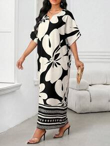 SHEIN Lady 女士碎花V领开衩休闲短袖连衣裙 - 黑與白 - 查看 5