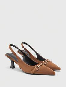 CUCCOO BIZCHIC Women Shoes Spring Summer Metal Buckle Pointed Heel Suede Back Strap Solid Color Women's High Heel Shoes Daily Commuter Dating Versatile - Brown A - View 6