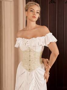 Myrelith Vintage Elegant Jacquard Lace-Up Back Corset Waist Belt - Apricot - View 4