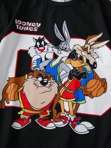 LOONEY TUNES X SHEIN 青少年男童圆领短袖休闲T恤， - 黑色 - 查看 4