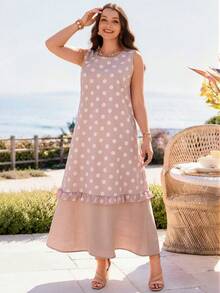 Rosumi Plus Size Women Summer Fashion Polka Dot Sleeveless Patchwork Dress - Pink - View 4