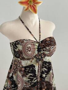 Elamini 2026 Spring/Summer New Y2K Retro Printed Drawstring Tie Asymmetric Hem Mini Dress For Women - Multicolor - View 5