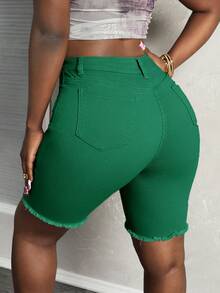 Slaydiva Women's Solid Color Distressed Slim Fit Denim Shorts - Green - View 3