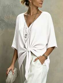 Isle Nomé 女士休闲亚麻质感纯色V领扭结衬衫，春夏款 - 白色 - 查看 7